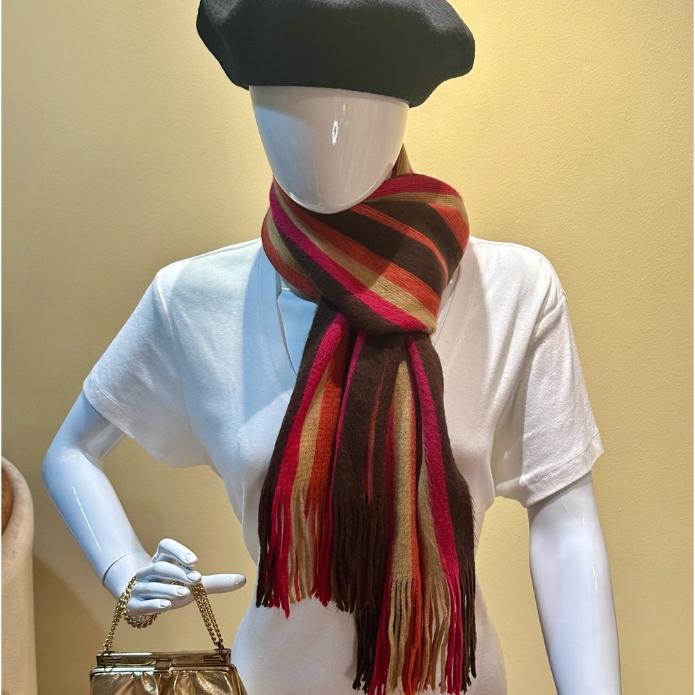 Super Soft Long Acrylic Brown & Hot Pink Striped Fringe Scarf